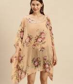 Peach Printed Floral Design Stone Work Kaftan