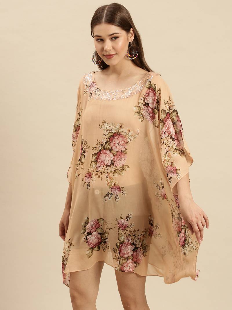 Peach Printed Floral Design Stone Work Kaftan