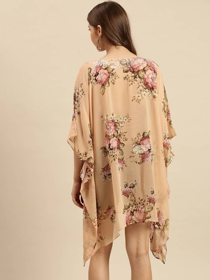 Peach Printed Floral Design Stone Work Kaftan