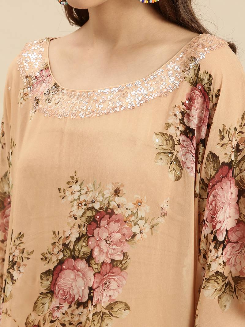 Peach Printed Floral Design Stone Work Kaftan