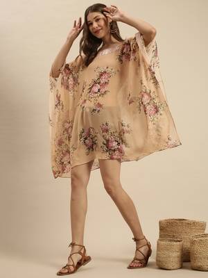 Peach Printed Floral Design Stone Work Kaftan 5