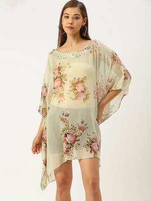 Light Green Printed Floral Design Stone Work Kaftan 1