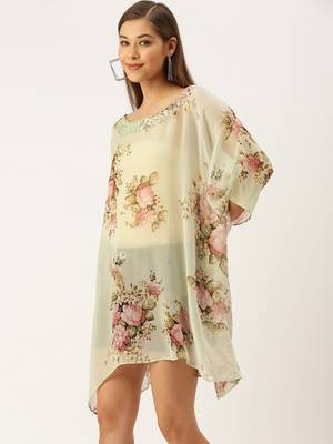 Light Green Printed Floral Design Stone Work Kaftan 2