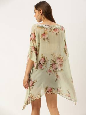 Light Green Printed Floral Design Stone Work Kaftan 3