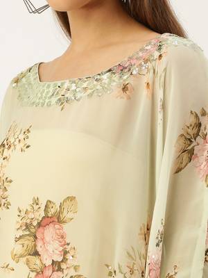 Light Green Printed Floral Design Stone Work Kaftan 4