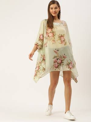 Light Green Printed Floral Design Stone Work Kaftan 5