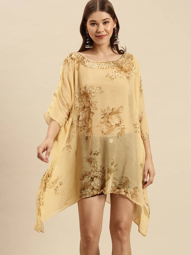 Deep Beige Printed Floral Design Stone Work Kaftan
