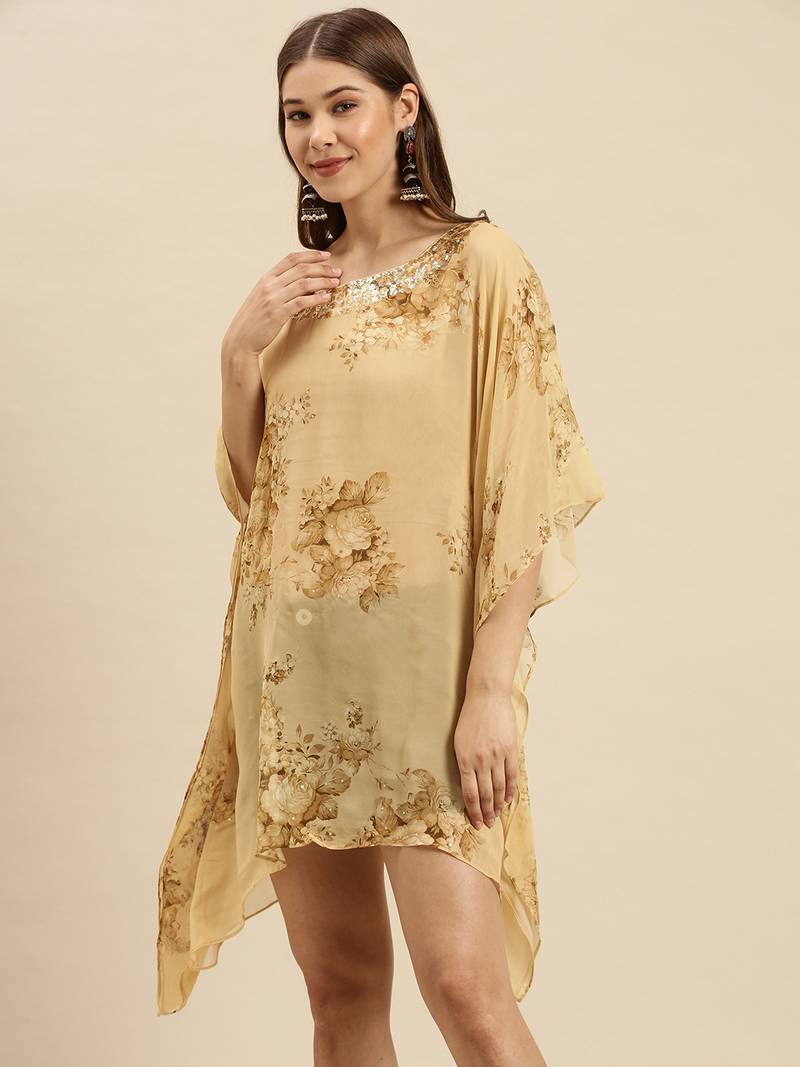 Deep Beige Printed Floral Design Stone Work Kaftan