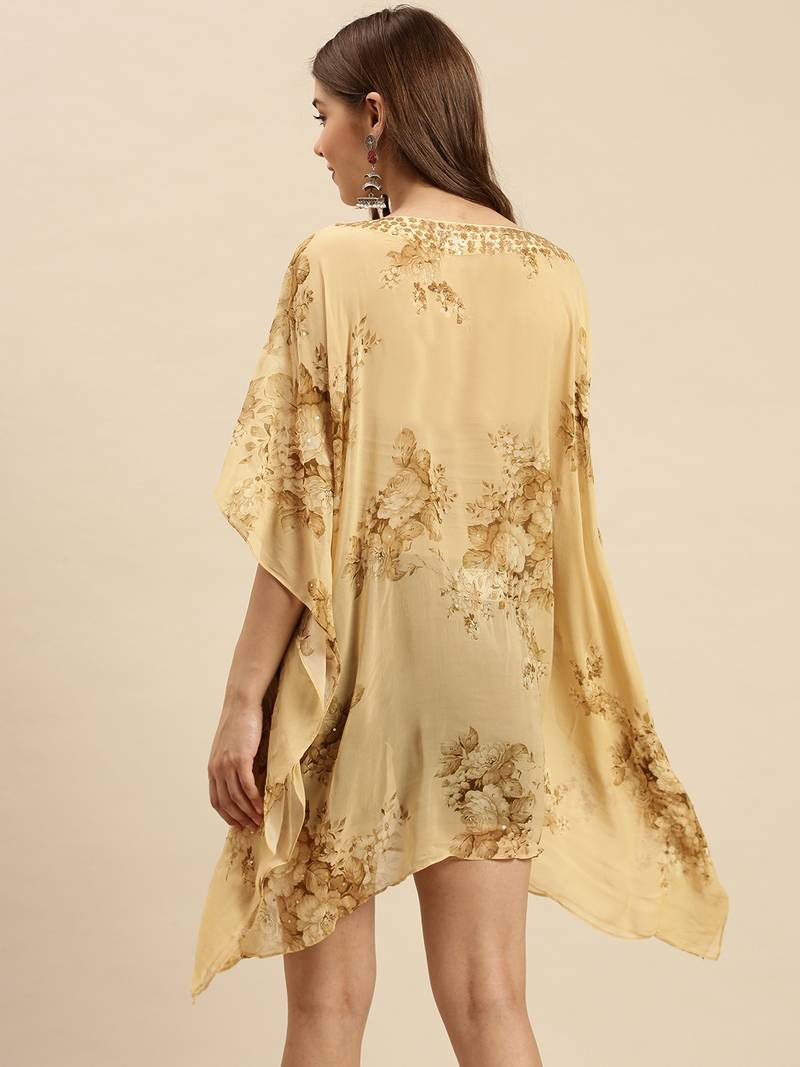 Deep Beige Printed Floral Design Stone Work Kaftan