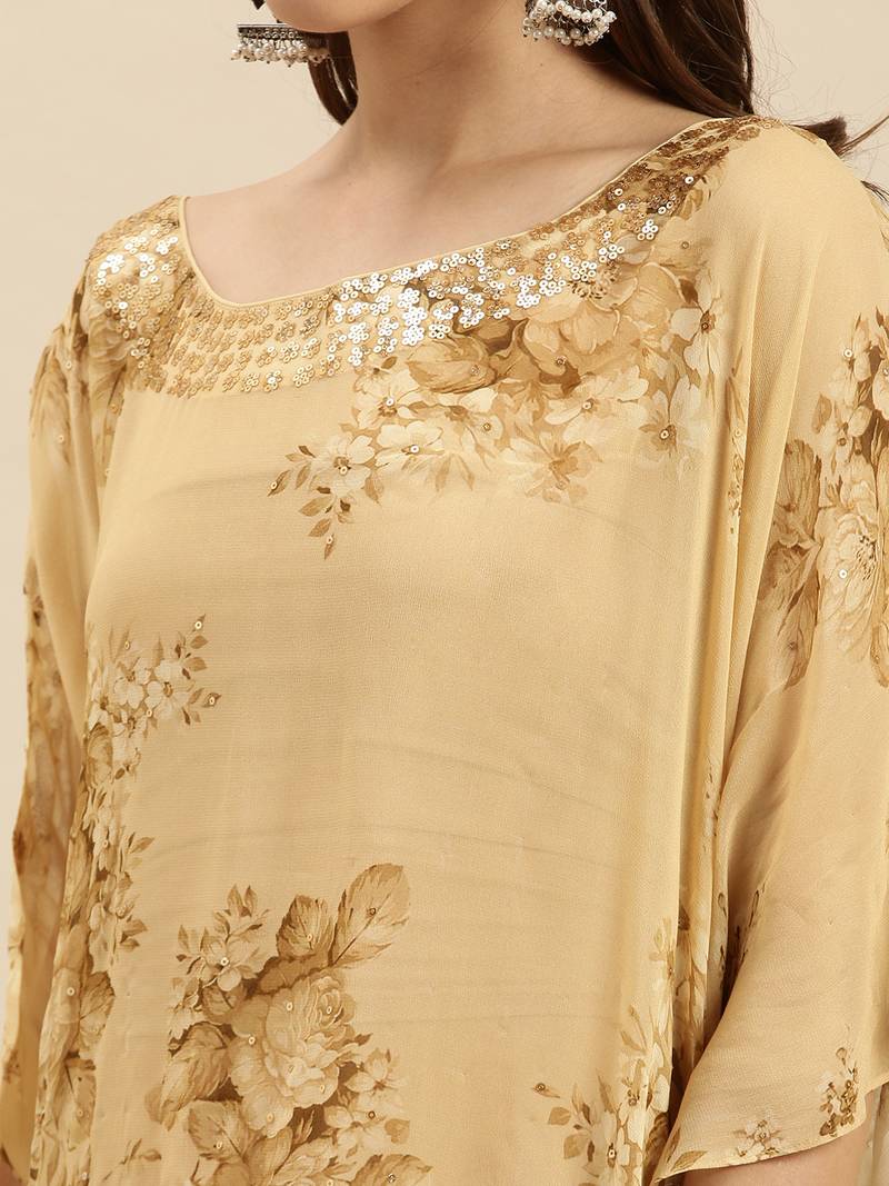 Deep Beige Printed Floral Design Stone Work Kaftan