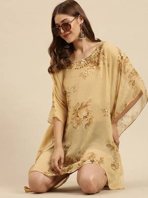 Deep Beige Printed Floral Design Stone Work Kaftan 5
