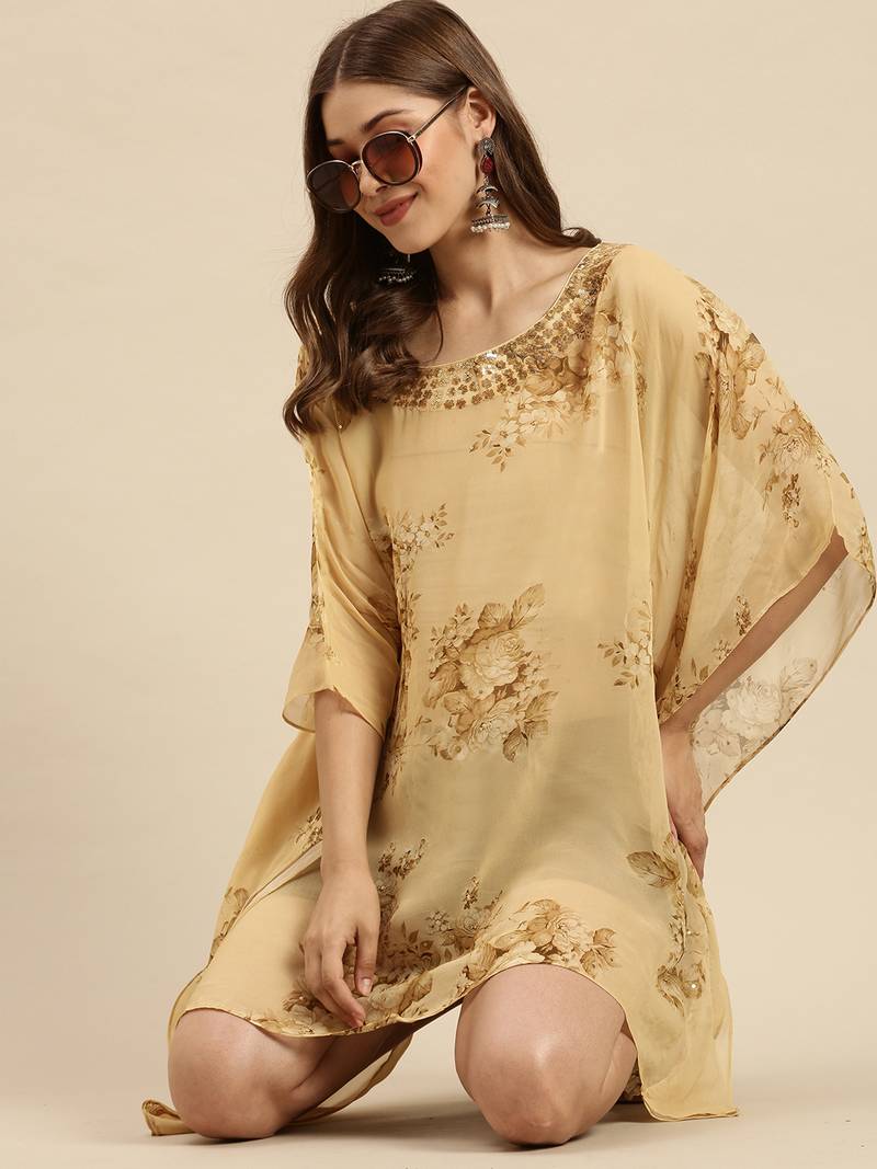 Deep Beige Printed Floral Design Stone Work Kaftan