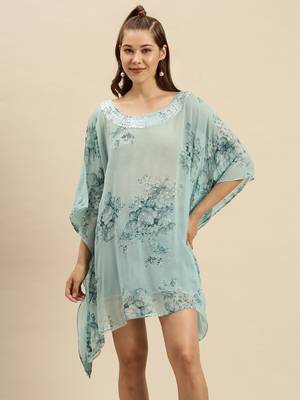 Maya Blue Printed Floral Design Stone Work Kaftan 1