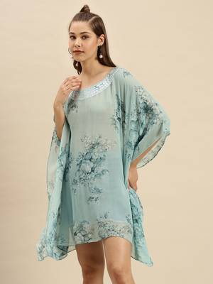Maya Blue Printed Floral Design Stone Work Kaftan 2