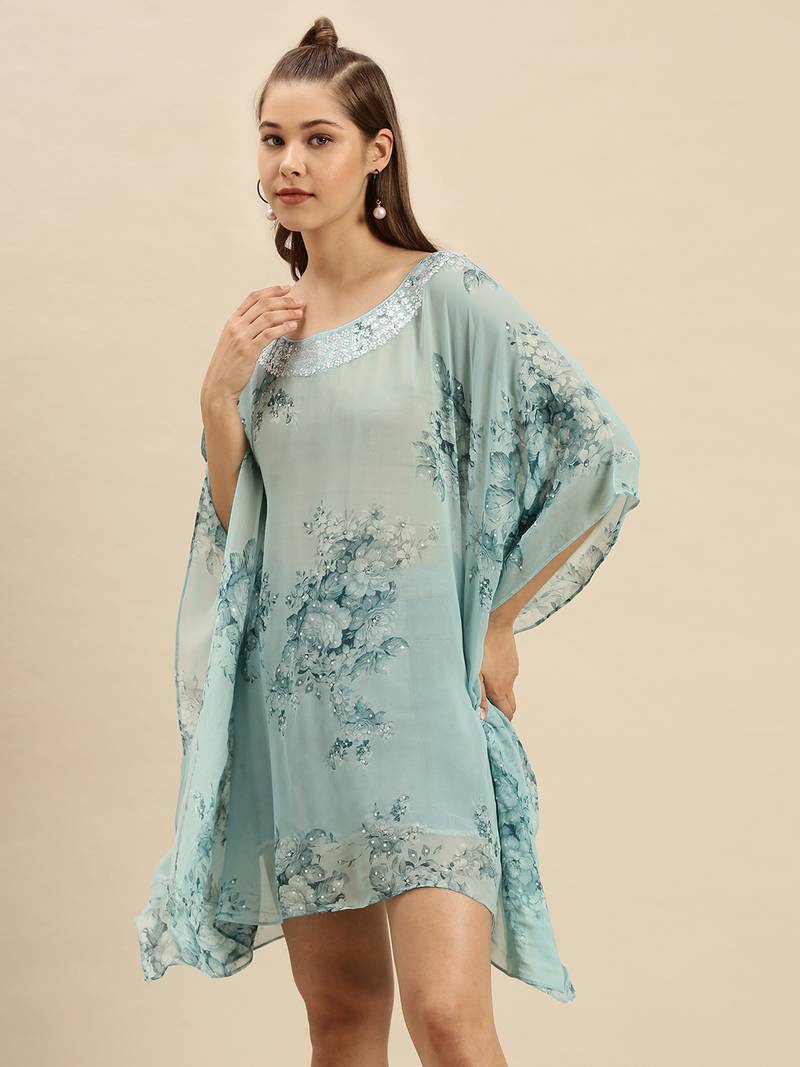 Maya Blue Printed Floral Design Stone Work Kaftan