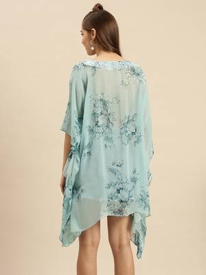 Maya Blue Printed Floral Design Stone Work Kaftan 3