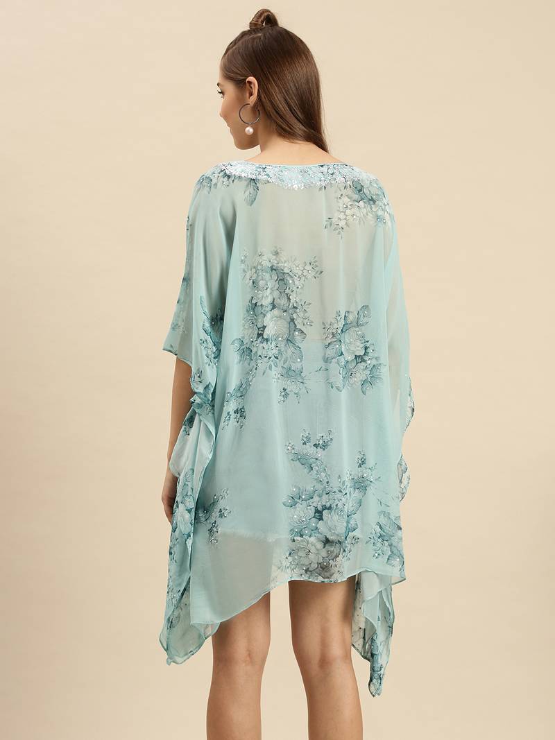 Maya Blue Printed Floral Design Stone Work Kaftan