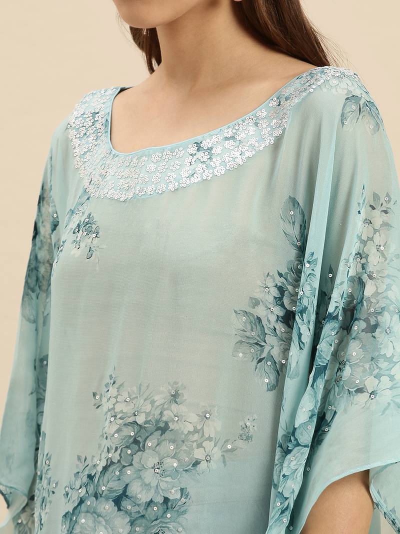 Maya Blue Printed Floral Design Stone Work Kaftan