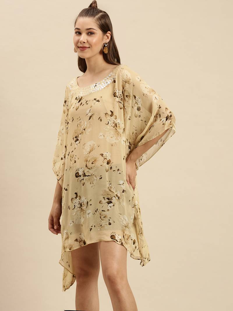 Beige Printed Floral Design Stone Work Kaftan