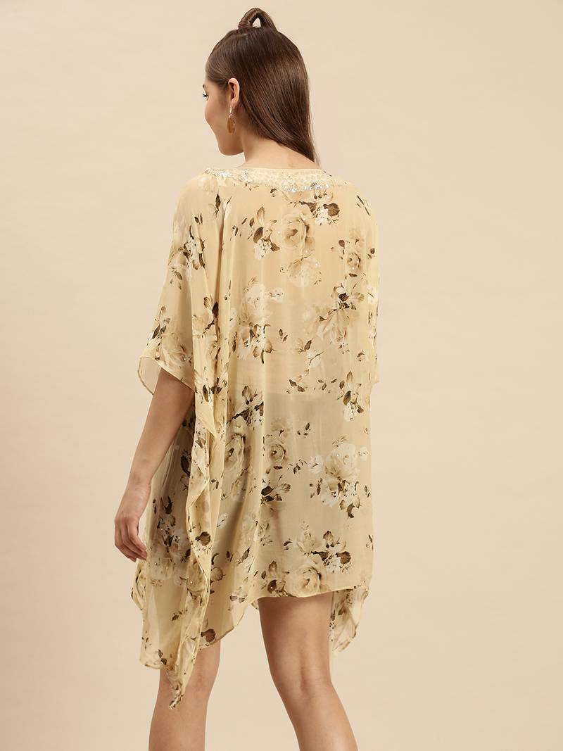 Beige Printed Floral Design Stone Work Kaftan