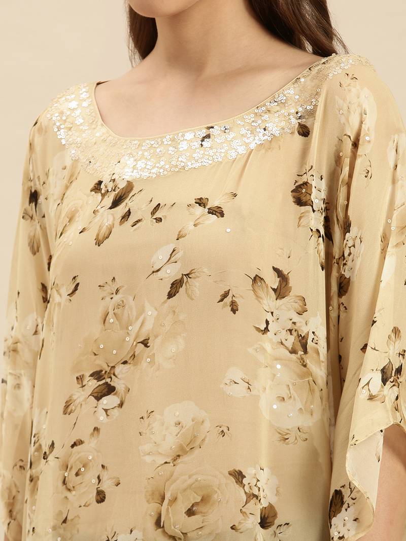 Beige Printed Floral Design Stone Work Kaftan