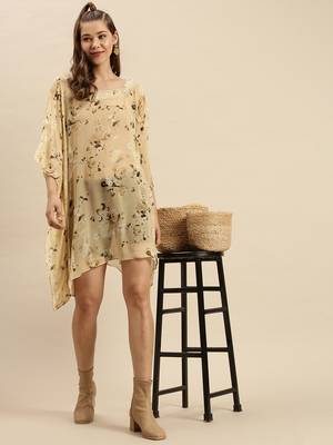Beige Printed Floral Design Stone Work Kaftan 5