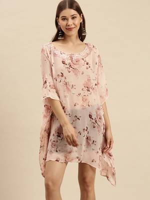 Peach Printed Floral Design Stone Work Kaftan 1