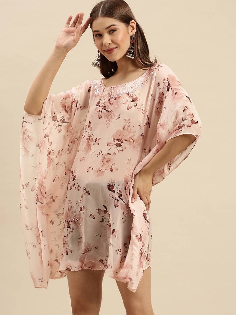 Peach Printed Floral Design Stone Work Kaftan