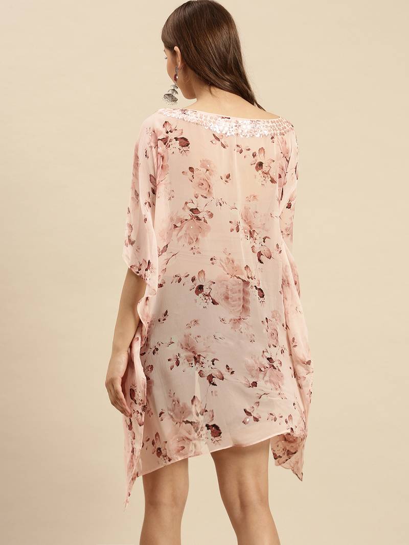 Peach Printed Floral Design Stone Work Kaftan
