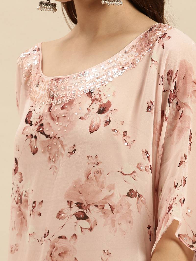 Peach Printed Floral Design Stone Work Kaftan