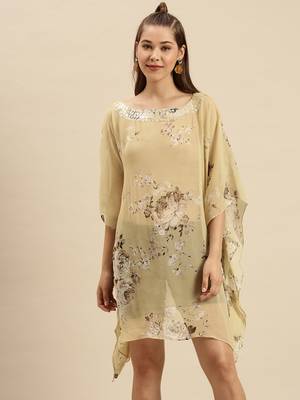 Beige Printed Floral Design Stone Work Kaftan 1