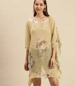 Beige Printed Floral Design Stone Work Kaftan