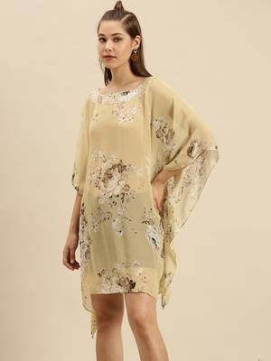 Beige Printed Floral Design Stone Work Kaftan 2