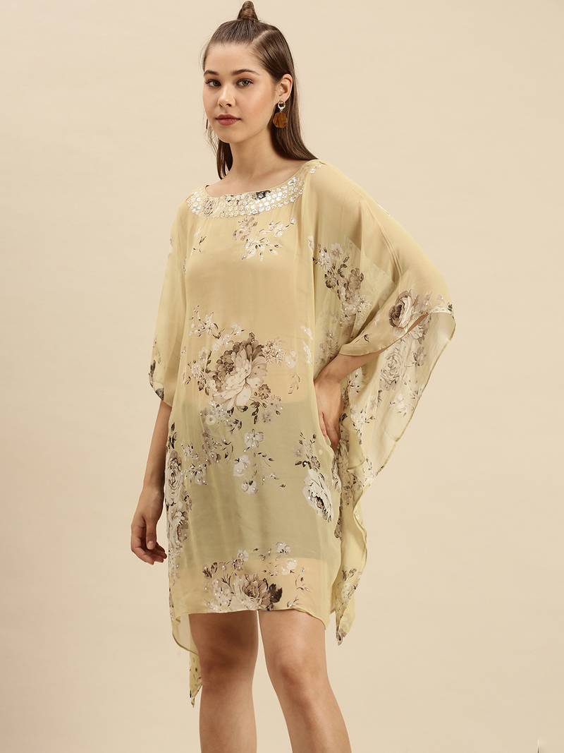 Beige Printed Floral Design Stone Work Kaftan
