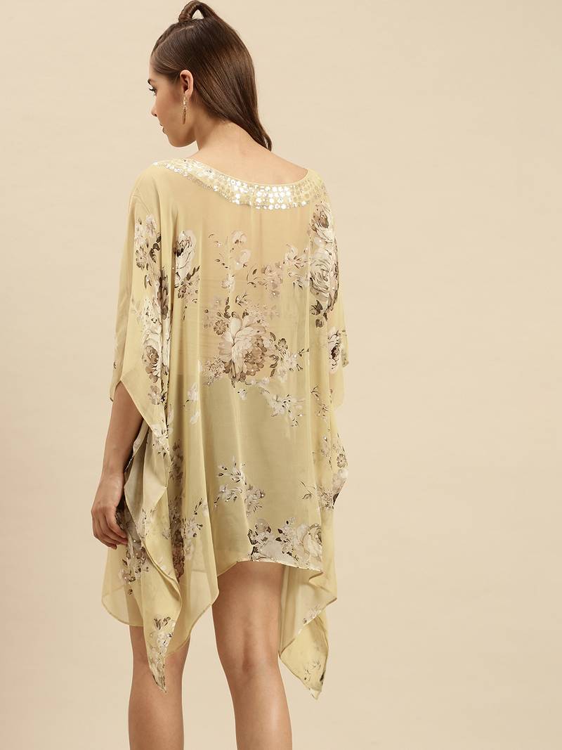 Beige Printed Floral Design Stone Work Kaftan