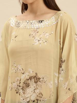 Beige Printed Floral Design Stone Work Kaftan 4