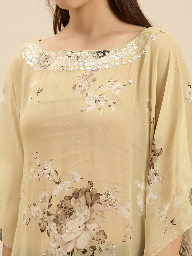 Beige Printed Floral Design Stone Work Kaftan