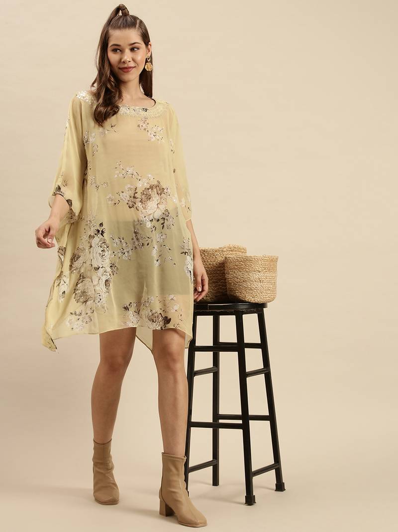 Beige Printed Floral Design Stone Work Kaftan