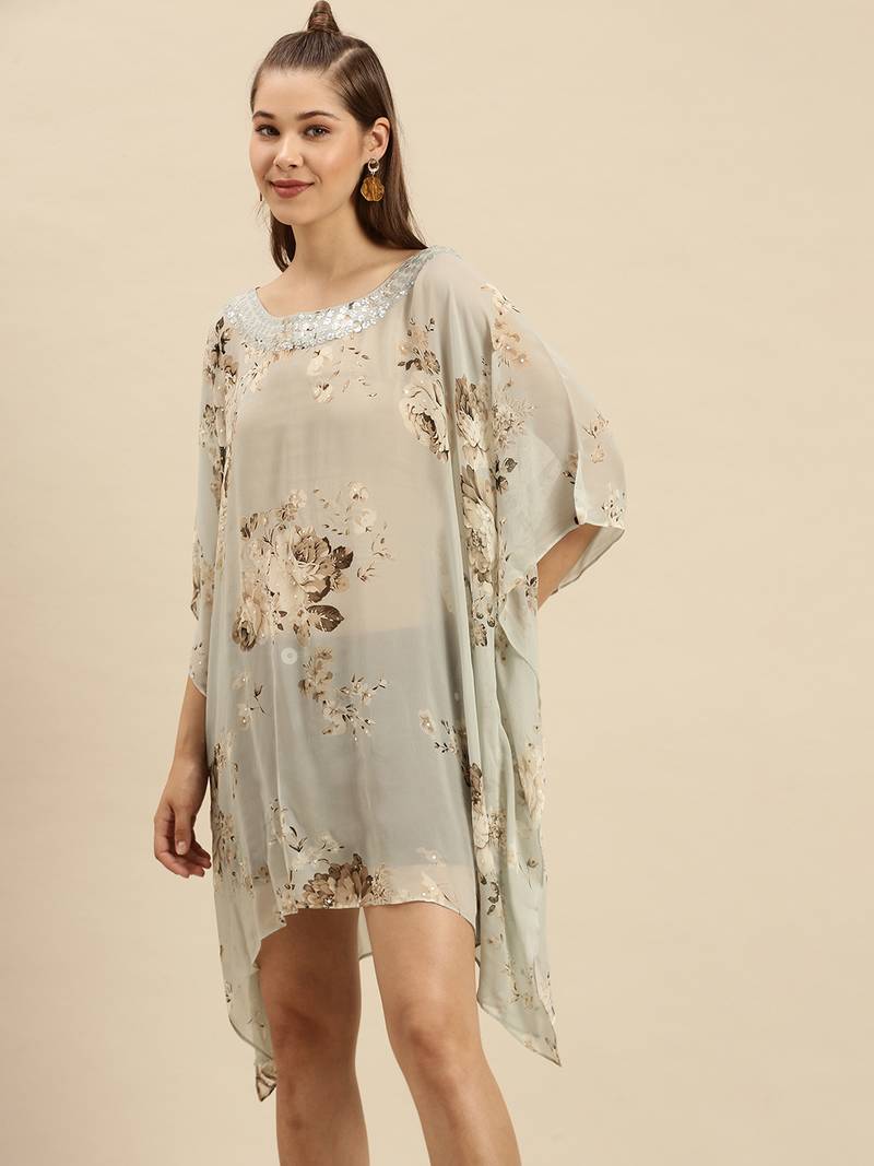 Blue Printed Floral Design Stone Work Kaftan