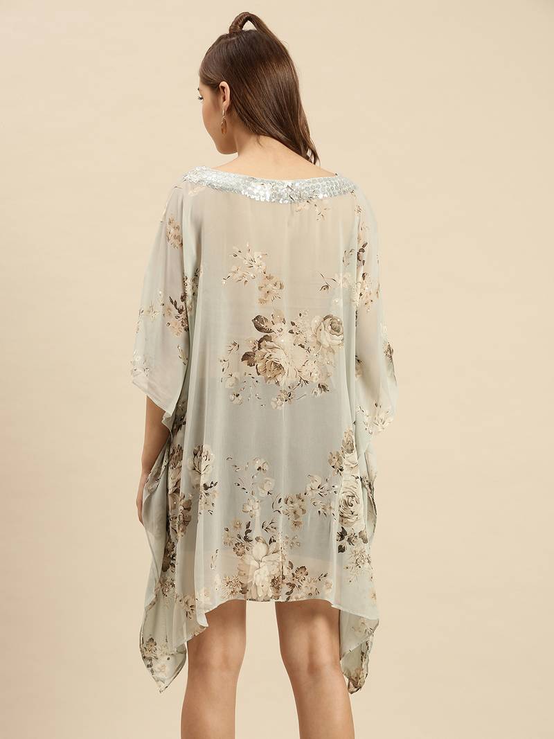 Blue Printed Floral Design Stone Work Kaftan