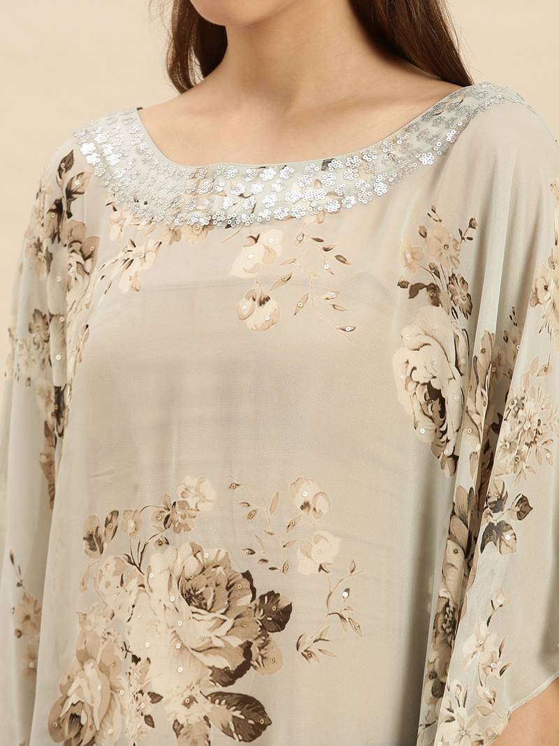 Blue Printed Floral Design Stone Work Kaftan