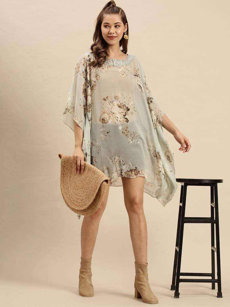 Blue Printed Floral Design Stone Work Kaftan