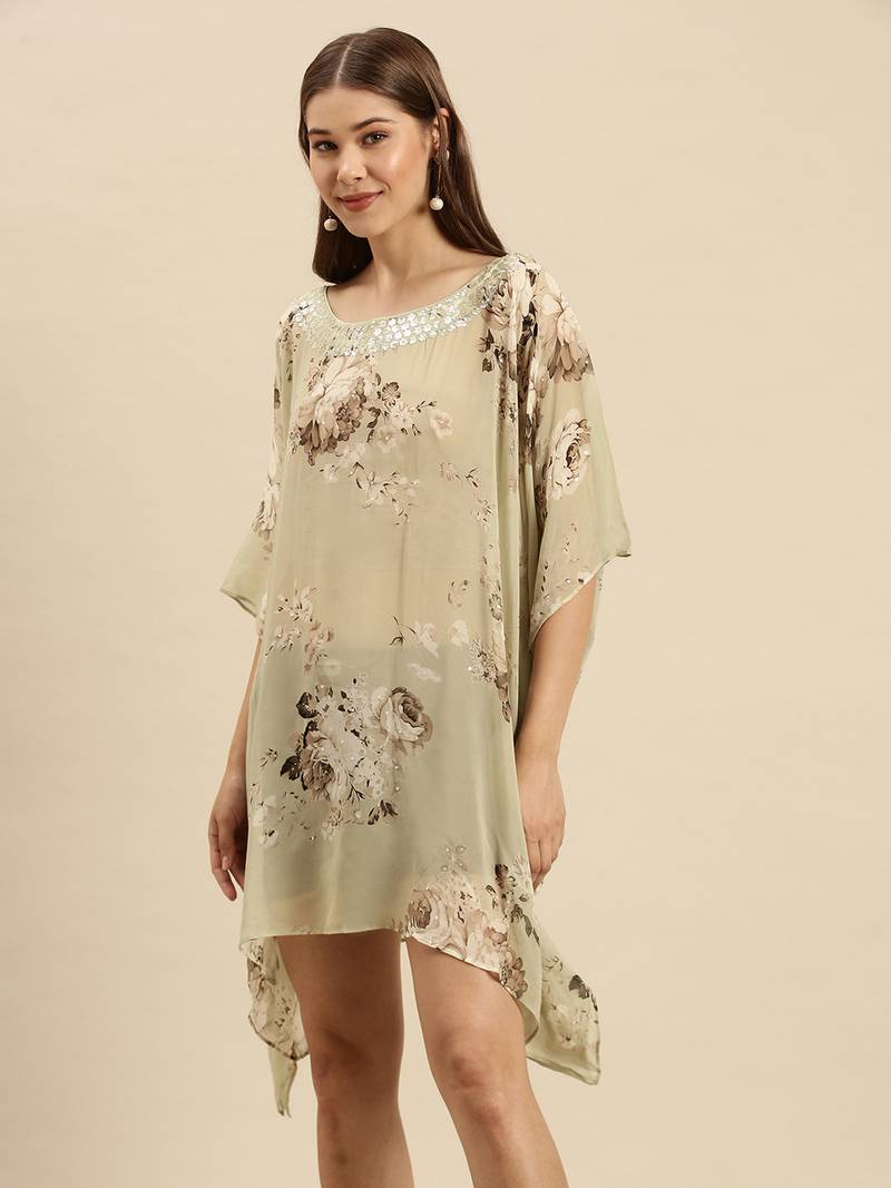 Green Printed Floral Design Stone Work Kaftan