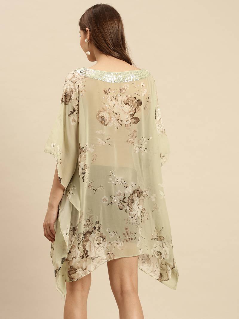 Green Printed Floral Design Stone Work Kaftan