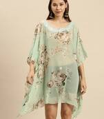Pista Green Printed Floral Design Stone Work Kaftan