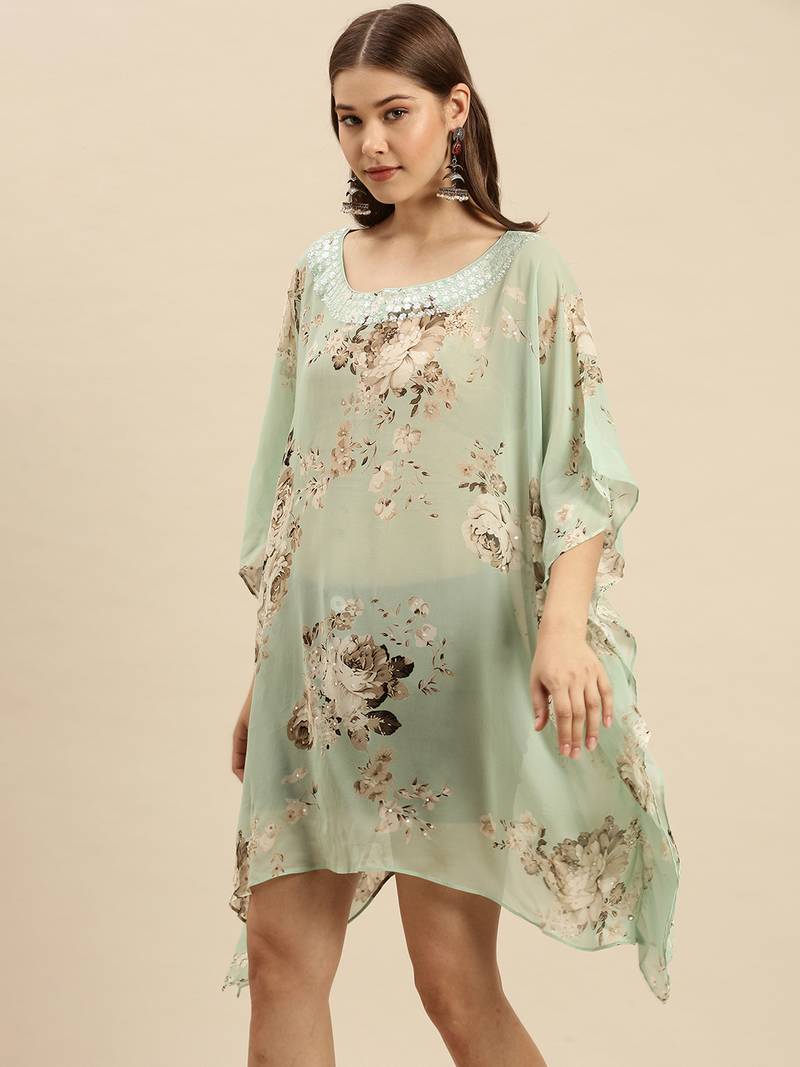 Pista Green Printed Floral Design Stone Work Kaftan