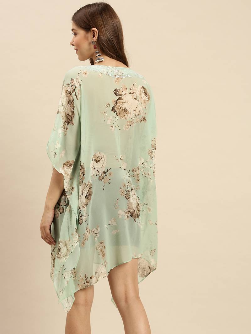 Pista Green Printed Floral Design Stone Work Kaftan