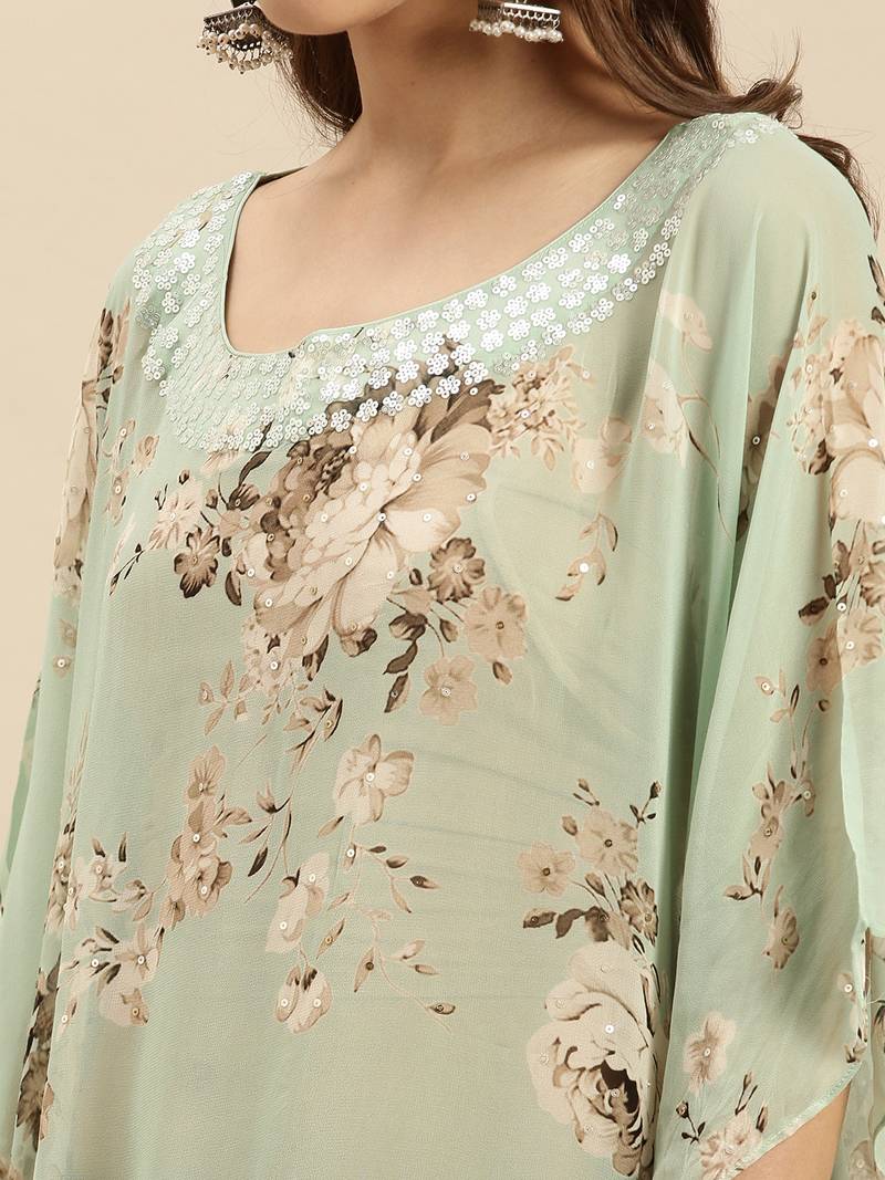 Pista Green Printed Floral Design Stone Work Kaftan