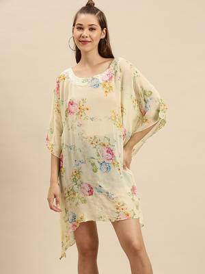 Cream Printed Floral Design Stone Work Kaftan 1