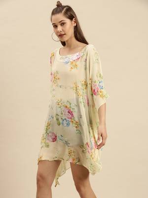 Cream Printed Floral Design Stone Work Kaftan 2